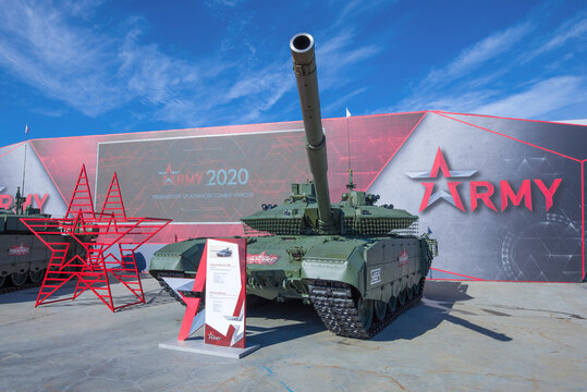 MOSCOW REGION, RUSSIA - AUGUST 27, 2020: Russian main battle tank T-90M in the exposition of the international military forum "Army-2020". Patriot Park