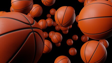 Many basketball balls on black background.
Abstract 3d illustration for background.