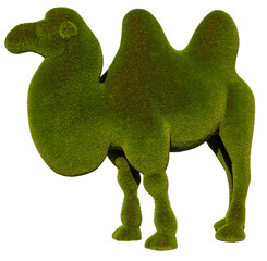 Green bactrian camel made from grass isolated on white background. Beautiful camel shaped topiary isolated on white. Landscape gardening. The camel is made of artificial, plastic grass.