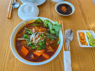 Bowl of delicious Vietnamese stewed beef noodle - Bo Kho