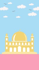 Beautifull Mosque, with cloud and bird. vector illustration on a blue background for ramadan theme. colorful picture. Perfect for story media social and handphone wallpaper. 