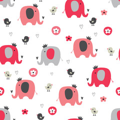 Cute seamless pattern with funny elephants and birds