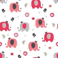 Wall murals Elephant Cute seamless pattern with funny elephants and birds
