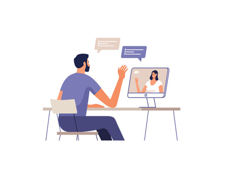 Young Man Communicate Online Using A Computer. Woman On The Screen Of Devices. Remote Communication Concept Of Online Meeting, Dating, Call And Video. Vector Illustration.