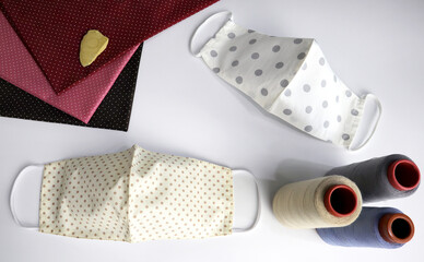 Fabric face mask, DIY fabric cotton face mask, DIY handmade cotton cloth masks, on white background. Protect COVID-19, Virus, cough, dust and (PM2.5).