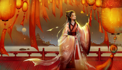 Beautiful classical Asian girl standing under the lantern.
