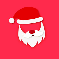 Santa Claus hat, moustache and beard isolated on red background. Concept for Christmas greeting or invitation card. Eps10 vector illustration.