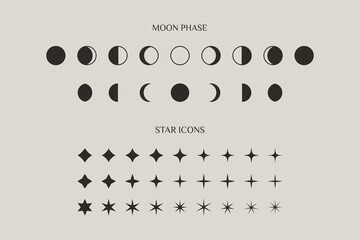 Set of Moon Phase And Stars Sparkles Sign Symbol in a Trendy Minimal Style. Vector Icons for Creating Logos, Patterns and Web design - 403742514