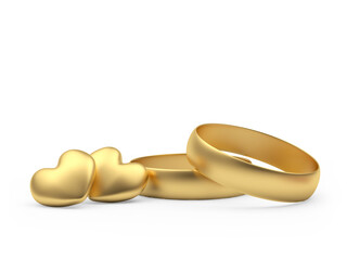 Two wedding rings with gold hearts isolated on white background. 3D illustration