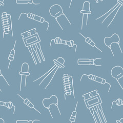 Seamless pattern from electrical components. Diode, transistor capacitor, resistor and inductor. Hand drawn vector illustration on white background