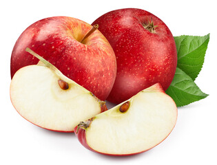 Red apple Clipping Path. Ripe apple fruit with green leaf isolated on white background with clipping path. Apple fruit macro studio photo