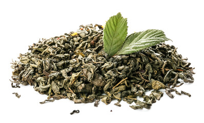 Fototapeta na wymiar Dry green tea leaves on white background