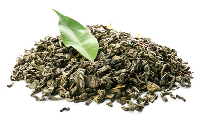 Dry green tea leaves on white background