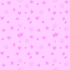 Seamless pattern of simple elements stars hearts points circles rounds rings spirals helixes in doodle style. For background, wrapping paper, birthday, fabric, textile, baby texture