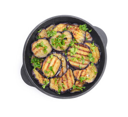 Tasty grilled eggplant with parsley in pan on white background