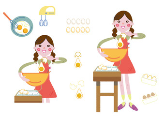 楽しそうにスイーツをつくる女性　セット　イラスト