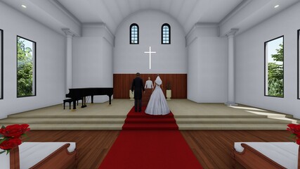 教会 結婚式 バージンロード歩く イラスト48 Wall Mural 啓文 佐々木