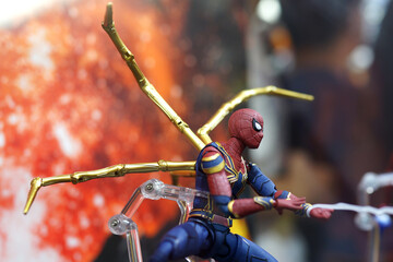 Naklejka premium Close up Spider-Man figures on display shelf in Ximending shopping Mall. The Avengers are a fictional team of superheroes appearing in American comic books by Marvel.