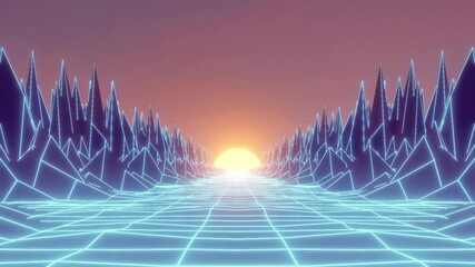 Retro futuristic background 80s style. 4K 3D rendering seamless loop Retrowave Landscape VJ Animation. 90s style Retro futuristic background. VHS tape arcade vintage video game intro landscape - Powered by Adobe