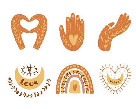 Boho love clip art Hands set, moon, rainbow, heart symbol. Cute bohemian elements. Cute boho Valentines day cards.