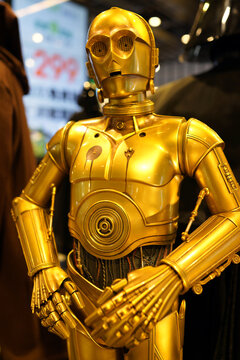 C-3PO fictional character figures in Ximending Mall, Taipei. C-3PO is a humanoid robot character from the Star Wars franchise appears who in the original trilogy. TAIPEI, TAIWAN - JUNE 26, 2018.