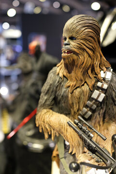 Close up of Chewbacca fictional character figures in Ximending Mall, Taipei. He is a Wookiee, a tall, hirsute biped and intelligent species from the planet Kashyyyk. TAIPEI, TAIWAN - JUNE 26, 2018.