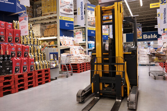 Forklifter at Metro Cash and Carry hypermarket. Mersin, Turkey - December 2020