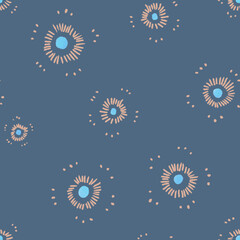 Seamless texture of sunflower. Hand drawn sketch watercolour painting on blue background. 