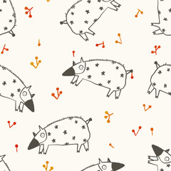 Seamless texture of cartoon pig and mini fruit. Hand drawn sketch drawing on simple background.