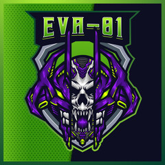 Evangelion Skull esport and sport mascot logo design with modern illustration concept for team, badge, emblem and t-shirt printing. Robotic illustration on isolated background. Premium Vector