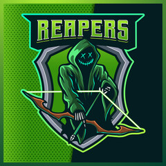 Hood Reaper glow Green color esport and sport mascot logo design with modern illustration concept for team, jersey and t-shirt printing. Archer illustration on isolated background. Premium Vector