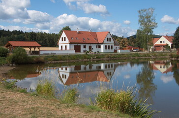 Fototapeta na wymiar Houses at a pond in the historic village Holasovice in Czech republic,Europe 