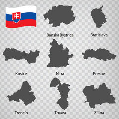 Eight Maps  Regions of Slovak Republic - alphabetical order with name. Every single map of Province are listed and isolated with wordings and titles. Slovakia. EPS 10.