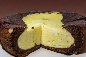 Cut chocolate milk cake close-up