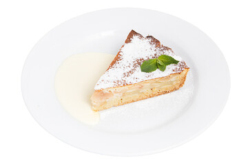 Restaurant service concept. Freshly made apple pie. Dessert on a white plate on a white plate. Isolated.