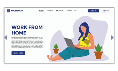 Working From Home Landing page with flat woman character