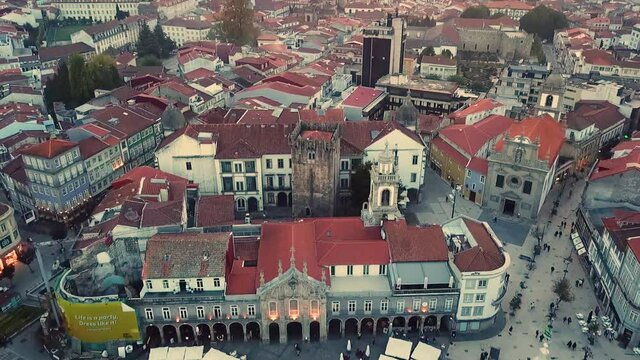 Portugal Braga drone shot aerial view look from above flying over the city center