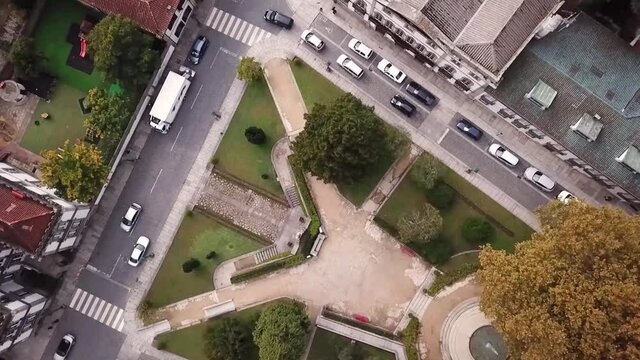 Portugal Guimaraes fly down camera down Parque do Castelo e Paco doscDuques de Braganca drone shot aerial look view from above 
