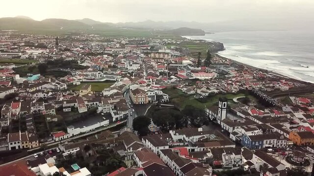 Portugal Sao Miguel Ribeira Grande Church of Espirito Santo drone shot aerial look view from above slow movement 