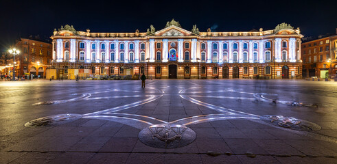 Illuminations of the Capitole by night and the Occitan cross, in Toulouse in Haute Garonne, Occitanie, France