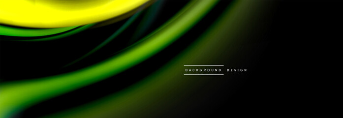Dynamic motion abstract background. Color blurred stripes on black. Wave liquid lines poster. Vector illustration