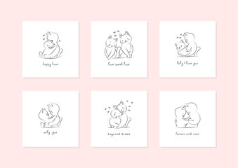 Cute valentines with cats. Set of illustrations of hugging cats on a white background. Vector 10 EPS.