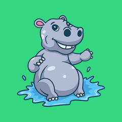 cartoon animal design Hippos sit and play water cute mascot logo