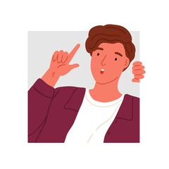 Surprised teen peeping into squared frame vector flat illustration. Amazed male teenager searching or seeking for something, performing idea gesture isolated on white. Peeking person