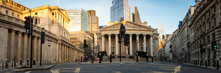 Fototapeta na wymiar Panoramic view of the Bank of England and the Royal Exchange building in the City of London