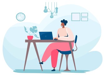 Flat vector illustration. African American man working on laptop at home, happy man.