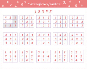  Logic game for children. Find a sequence of numbers from 1 to 5 in each square