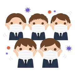 マスクをつけた男子生徒のイラスト。密集している男の子たち。