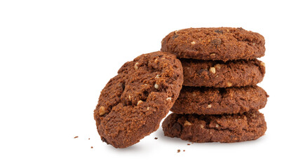 rich round cookies with nuts and chocolate, lying on a wooden plate, isolate on a white background