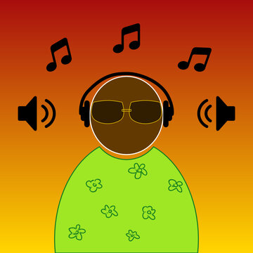 Braune Personenfigur mit grüner Kleidung, Sonnenbrille und Kopfhörer umgeben von Lautsprechersymbolen und Noten vor gelb rotem Hintergrund mit Farbverlauf
